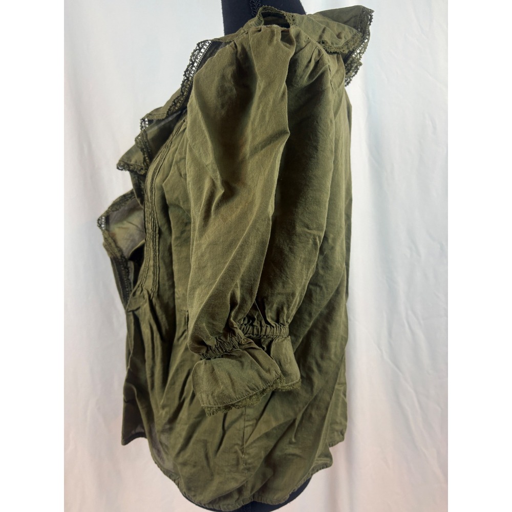 Olive Green Victorian Ruffle Lace Trim Puff Sleeve Pintuck Blouse Top Size XL - Picture 5 of 8